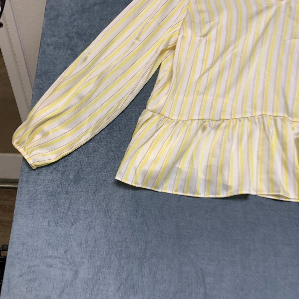 Nine West Shirred Tunic Top Womens XL Yellow White Striped V Neck Long Sleeve